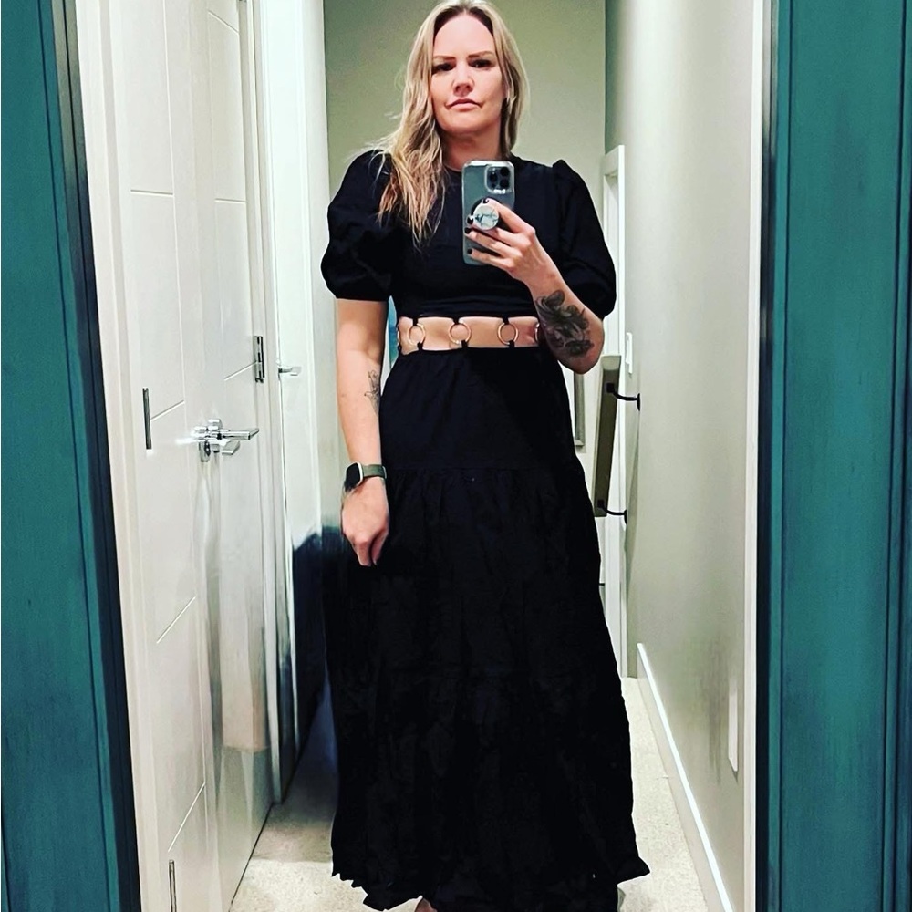 Anthropologie Charlie Holiday bohemian cocktail maxi dress with gold hardware